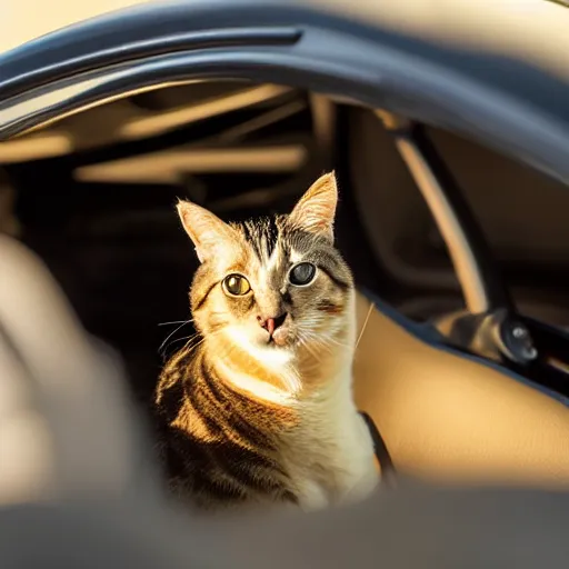 Prompt: cat behind the steering wheel of a cabriolet, seen from above, golden hour, front top side view, golden ratio, idyllic setting