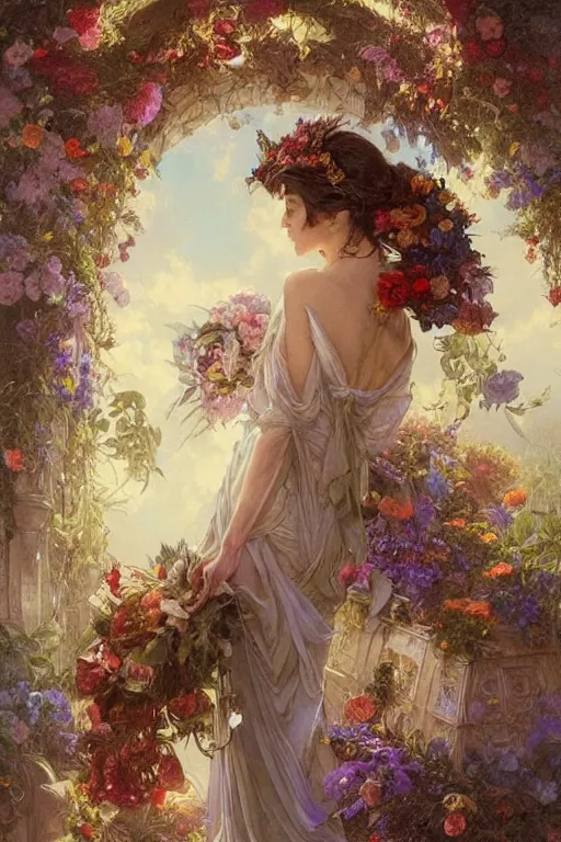 Prompt: a beautiful mysterious woman holding a large bouquet of flowing flowers, sleeping in an elaborate coffin, fantasy, regal, intricate, by stanley artgerm lau, greg rutkowski, thomas kindkade, alphonse mucha, loish, norman rockwell