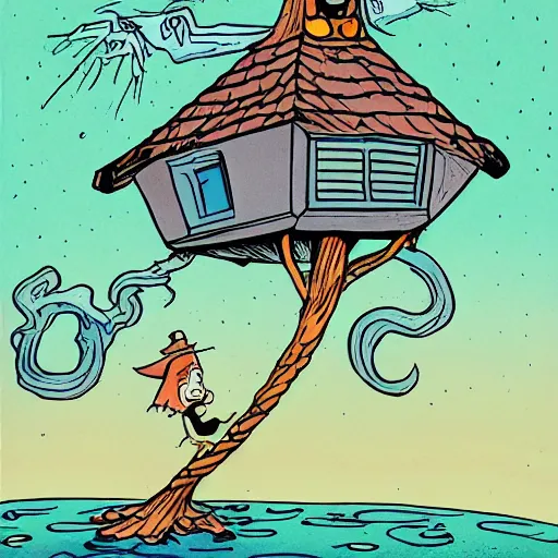 Prompt: neat ink drawing of cartoon wizard stuck in the top of the roof, in the tree, above the sea, by Bill Waterson,