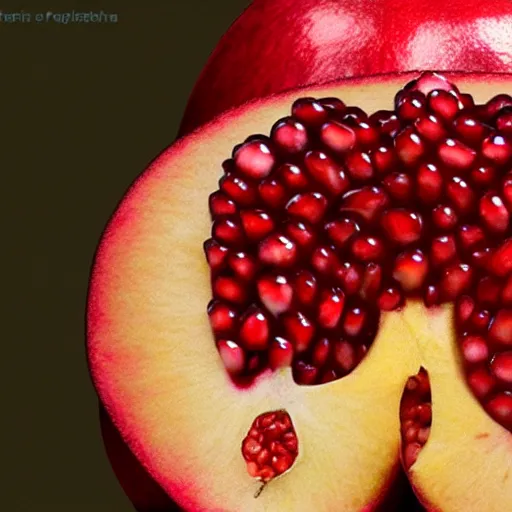 Image similar to fruit character that looks just like michelle obama as a pomegranate, 8 k, fruit eyes, fruit world, beautiful matte painting, by johfra bosschart, hyper realistic, studio lighting, octane render