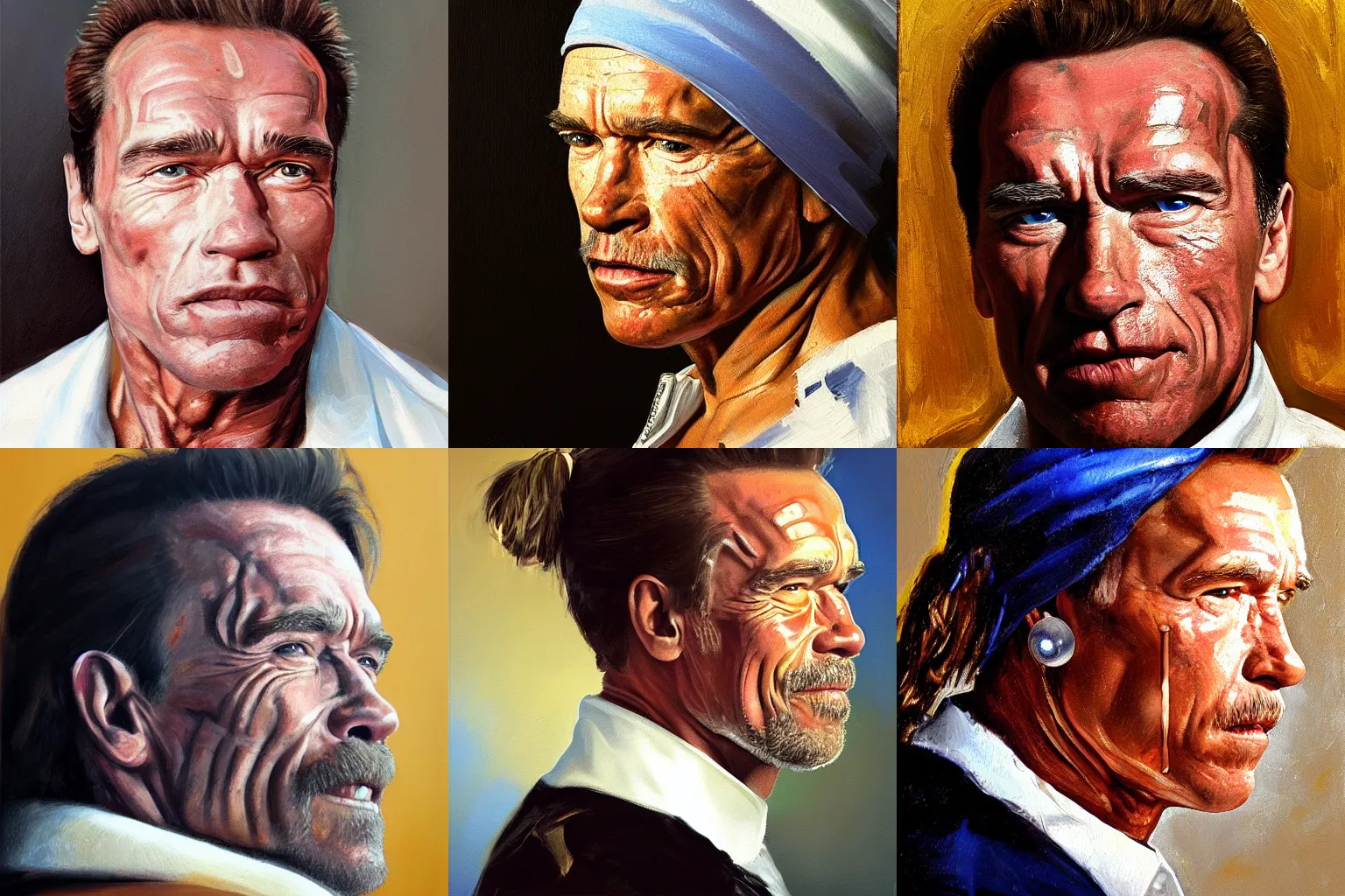 Prompt: portrait of Arnold Schwarzenegger in close-up with a pearl earring. oil painting by Nuri Ayem James Gurney James Gene Greg Rutkowski with high detail and soft lighting