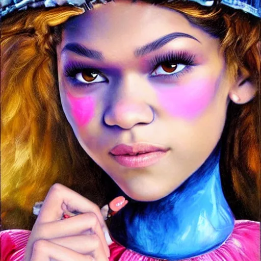 Image similar to zendaya as Alice in wonderland, oil painting, high detail, angelic, flawless face,