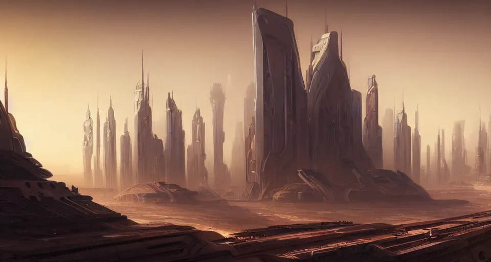 Image similar to cinematic shot, futuristic city on the mars with towers made of stacked disks, utopian, digital painting, artstation, concept art, smooth, sharp focus, illustration, intricate, elegant, highly detailed, in the style of greg rutkowski and alphonse mucha and artemisia, 8 k, highly detailed, jurgens, rutkowski