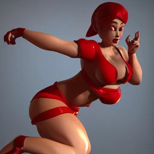 Image similar to a very muscled little red woman devil in tee shirt is winking an eye towards us, very realistic, fantastic light, Japanese 3D animation
