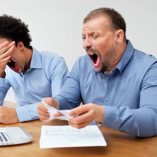 Prompt: man doing his taxes, man screaming