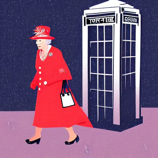 Image similar to Digital illustration of Queen Elizabeth II stepping out of the Tardis on a dark rainy London street, trending on artstation
