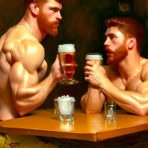 Image similar to attractive muscular mike with ginger hair with muscular attractive tyler with brunet hair, drinking their hearts out, in a pub. very defined and highly detailed painting by gaston bussiere, j. c. leyendecker, craig mullins 8 k