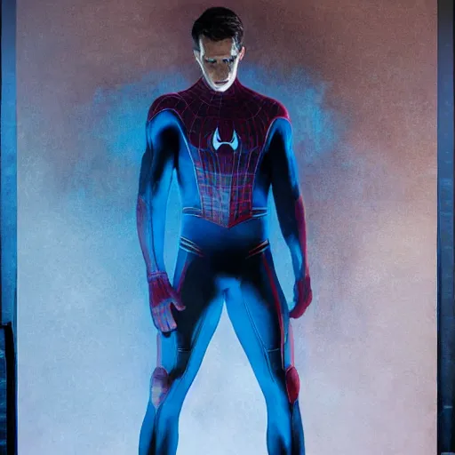 Image similar to ryan reynolds as spider - man, wearing a black and blue suit, cinematic, volumetric lighting, f 8 aperture, cinematic eastman 5 3 8 4 film, photorealistic by greg rutkowski, by stanley artgerm, by alphonse mucha