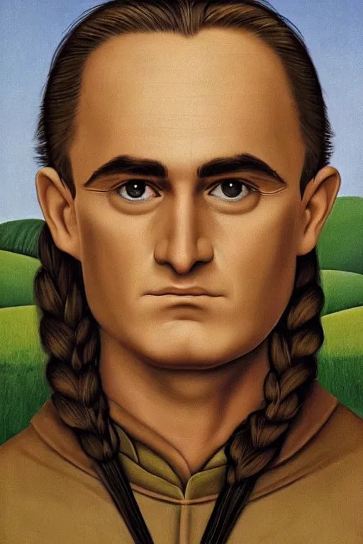 Image similar to ultra realistic pelegolas face portrait in the style of grant wood