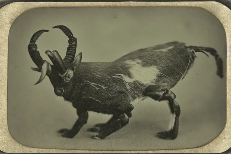 Image similar to a tintype photo of a crab goat hybrid