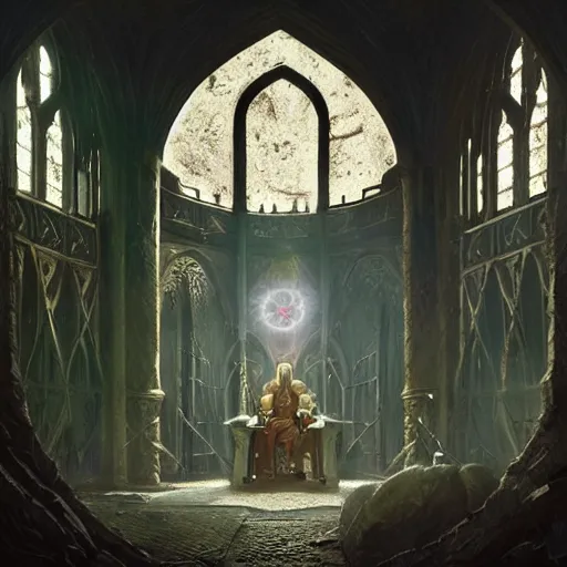 Image similar to a knight from the crusades wielding a big sword, interior of a medieval castle, amazing throne room, volumetric lighting, dramatic, sharp focus, wide angle, huge circle stained window, shadows, dust and particles, artstation, by peter mohrbacher, greg rutkowski, john howe, digital art, concept art, matte painting