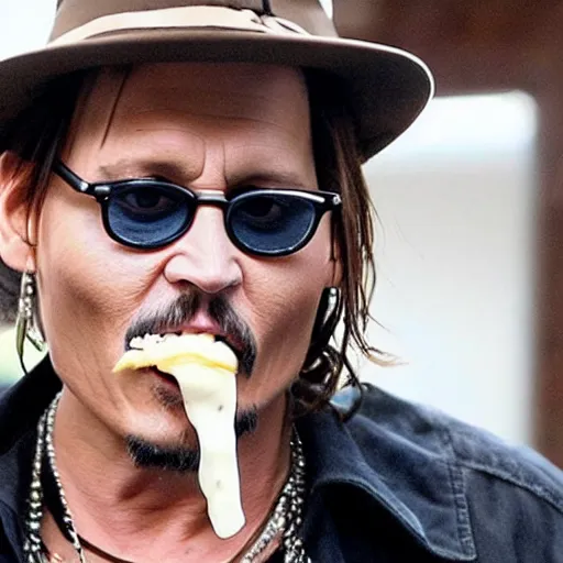 Prompt: Johnny Depp eating mayonnaise directly out of a jar with his hand