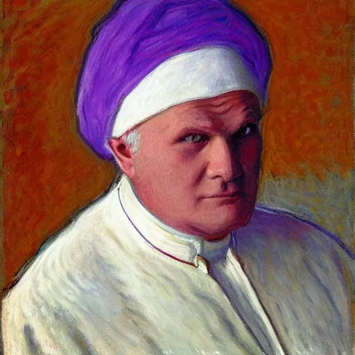 Image similar to portrait of john paul ii wearing white turban with purple top by claude monet