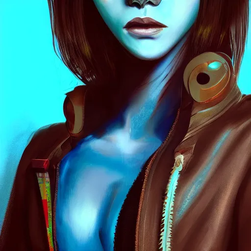 Image similar to closeup painting of a very beautiful young mexican cyberpunk woman smirking, wearing light blue shutter shades and a leather jacket, one side haircut, long brown hair with light blue ends, portrait, hyperdetailed, artstation, cgsociety, 8 k