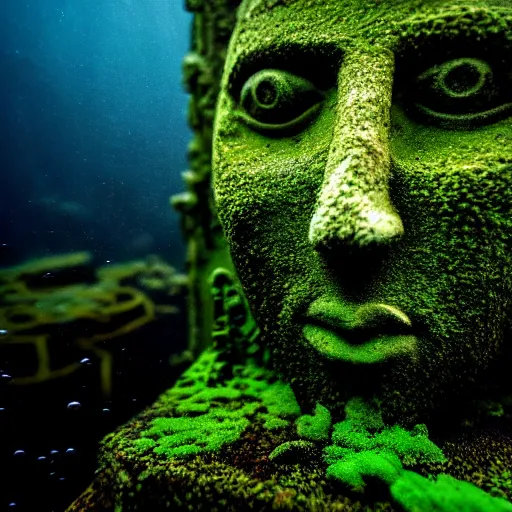 Image similar to Ruins, Nicolas Cage underwater mossy old statue, ruins, photo, dark, kelp and moss all over, bottom of ocean, deep ocean, bottom of ocean, dark, 35mm, fish, underwater landscape, 4k, detailed, photorealistic, photo, Atlantis, underwater camera, fish, fish, fish