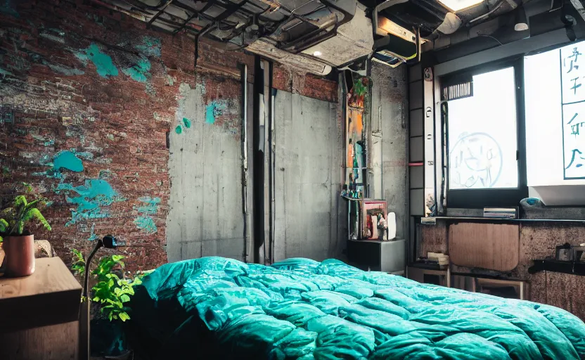 Image similar to maximalist interior of a japanese bedroom, concrete, cyberpunk, japanese neon signs, retro futuristic, old brick walls, bed, cupboards, rough wood, grey, anthracite, turquoise, akihabara style, swedish style, green plants, window with a view of apartment blocks, 8K