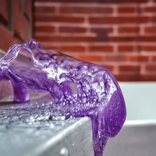 Prompt: photo of purple translucent slime coming out of a silver faucet, brick wall, 50mm, beautiful photo