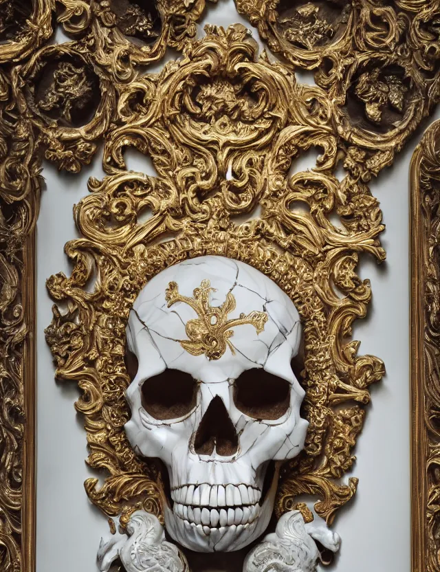 Image similar to beautiful portrait of a large ornate and intricate rococo skull, hyper detailed, gold plated on white marble, wallpaper pattern