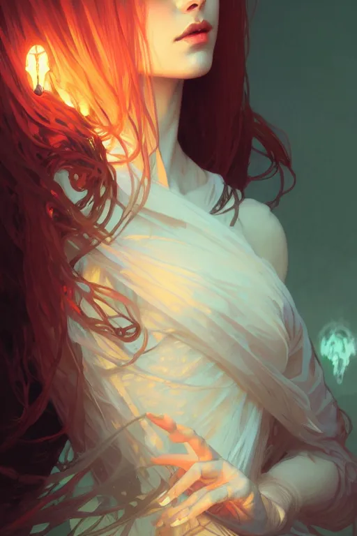 Image similar to a beautiful necromancer woman, fantasy, portrait, sharp focus, intricate, elegant, digital painting, artstation, matte, highly detailed, concept art, illustration, ambient lighting, art by ilya kuvshinov, artgerm, Alphonse mucha, and Greg Rutkowski