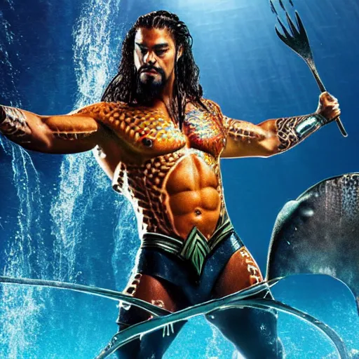 Image similar to roman reigns as aquaman, artstation hall of fame gallery, editors choice, #1 digital painting of all time, most beautiful image ever created, emotionally evocative, greatest art ever made, lifetime achievement magnum opus masterpiece, the most amazing breathtaking image with the deepest message ever painted, a thing of beauty beyond imagination or words, 4k, highly detailed, cinematic lighting