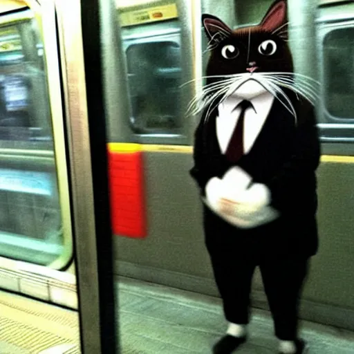 Image similar to “ angry cat wearing a suit riding the subway, studio ghibli, spirited away, anime, by hayao miyazaki ”