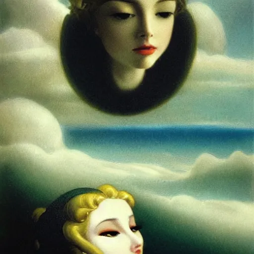 Prompt: A painting, beauty & mystery of Princess Aurora. Enigmatic smile and gaze invite us into her world, and we cannot help but be drawn in. Soft features & delicate way she is dressed make her almost ethereal. Landscape distance and mystery. What secrets Princess Aurora holds. Mediterranean, cosmic horror by Kentaro Miura, by Dean Cornwell, by Rene Magritte eclectic