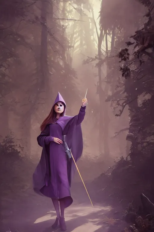 Image similar to Young cute small beautiful woman in form fitting slim purple witch robes and pointy hat at a crowded magical university, full body shot unreal engine hyperreallistic render 8k character masterpiece digital art by Greg Rutkowski, Simon Stalenhag, trending on Artstation, CGSociety