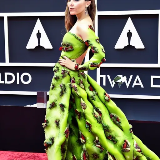 Prompt: elizabeth olsen walking on the red carpet, wearing an avocado stylized suit with the pith in the middle, trending on unsplash, 4 k quality, intricate