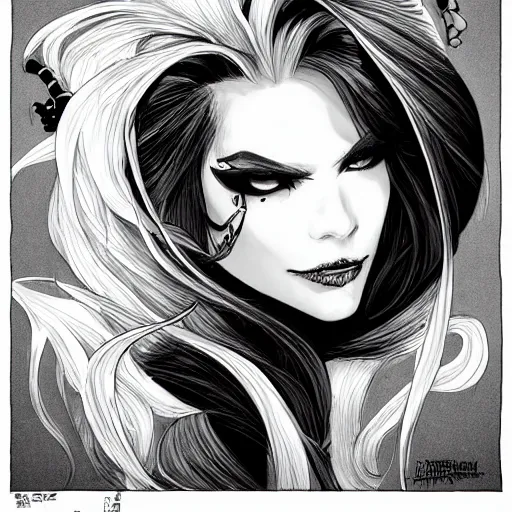 Image similar to princess of darkness, style of mcbess, rutkowski, artgerm comic, piercing eyes, long glowing red hair