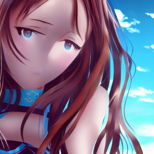 Image similar to a very beautiful young yuuki asuna,, full body, long wavy hair, sky blue eyes, full round face, bikini, miniskirt,, cinematic wallpaper by kentaro miura