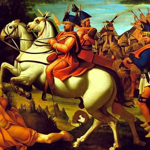 Prompt: a renaissance painting of napoleon's army and the roman army fighting.