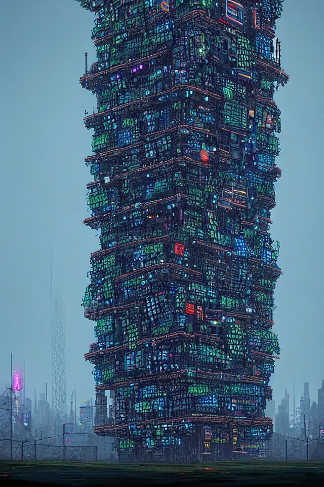 Image similar to cyberpunk tower made out of billions of stacked computer screens by simon stalenhag