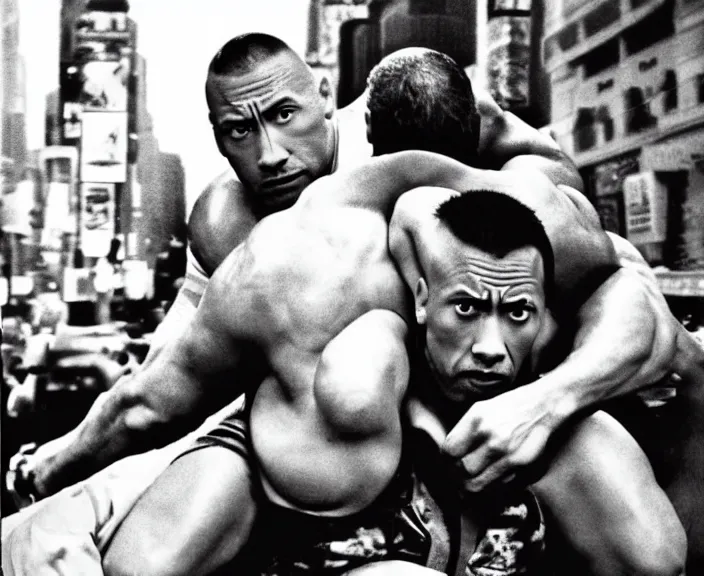 Image similar to Dwayne the Rock Johnson riding on the back of Adam Sandler, doing Methamphetamine at Times Square, photograph by Alfred Eisenstaedt, 4K, dramatic lighting; 4K 8K