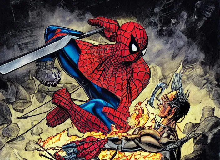 Image similar to comic art of spider - man slicing batman in half with a flaming battle axe by salvador dali and hiyao miyazaki