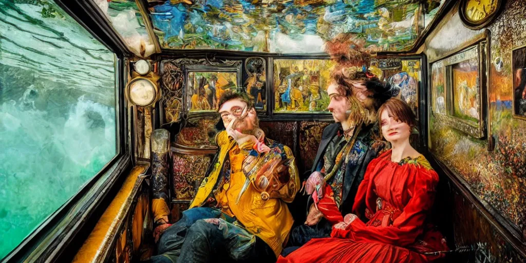 Image similar to detailed colourful masterpiece of photography couple portrait sat down extreme closeup, inside a beautiful underwater train, detailed realistic expressions, wearing unusual clothes, by ford maddox brown