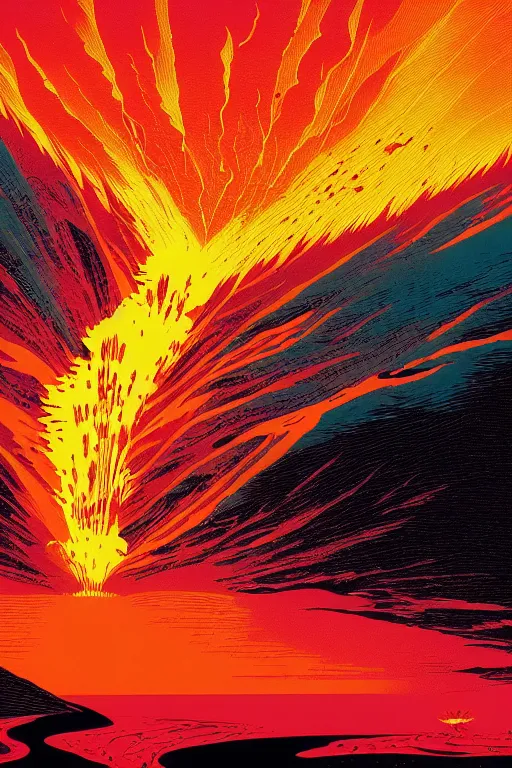 Image similar to artwork of an exploding volcano by kilian eng and dan mumford and toshi yoshida and peter doig, vintage scifi, high details, dramatic lightning,, 8 k