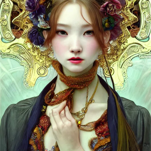 Image similar to a masterpiece ultrarealistic ultradetailed portrait of beautiful love, jewelry genius, witch girl on vintage flea market baroque renaissance. medium shot, intricate, elegant, by stanley artgerm lau, wlop, alphonse mucha, rossdraws, andrei riabovitchev, yoshitaka amano. flower background my james jeand and takashi murakami.