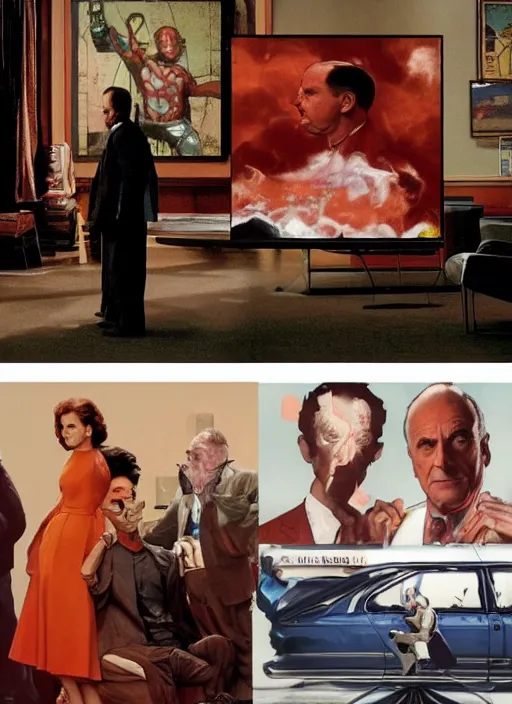 Image similar to a still from the tv series seinfeld and a still from the film avengers : infinty war of francis bacon and norman rockwell and james jean, a still from the movie godfather by mark brooks, triadic color scheme, by greg rutkowski, syd mead and edward hopper and norman rockwell and beksinski, dark surrealism, orange and turquoise