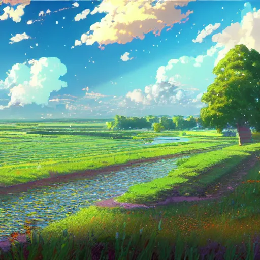 Prompt: A colourful ultradetailed anime illustration of a rainy fields and villages,river,sky,summer, by beeple, makoto shinkai, thomas kinkade, anime art wallpaper 4k, trending on artstation,Ultra wide angle,Lens Flare.anime,sunlight through cumulus,4K-H 832