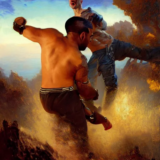 Prompt: a beautiful painting of handsome kanye west fighting handsome pete davidson, rendered art, highly detailed painting by gaston bussiere, craig mullins, j. c. leyendecker 8 k, trending on artstation, art