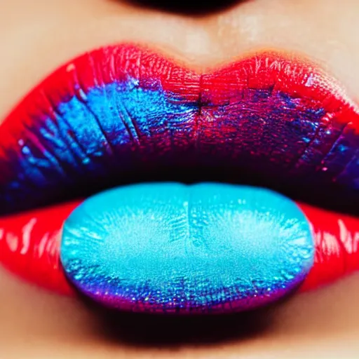 Prompt: extreme close up of a woman's lips wearing red lipstick, iridescent lollipop