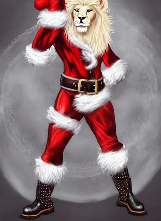 Image similar to Aesthetic portrait commission of a gay male fully furry, muscular anthro albino lion wearing an attractive festive red and white cozy Christmas outfit with long pants and black leather harness and boots, with a tail and a beautiful, attractive, hyperdetailed face, safe for work (SFW). Character design by charlie bowater, ross tran, artgerm, detailed, inked, award winning film poster painting.