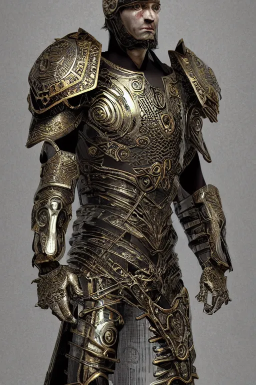 Prompt: realistic ancient celtic god obsidian metal armor in an ancient village background, futuristic design, designed by makoto kobayashi and luca zampriolo, portrait, cyberpunk style, wood and gold details, intricate, extremely detailed, ornate, deep of field, hard surface, exoskeleton, substance designer metal