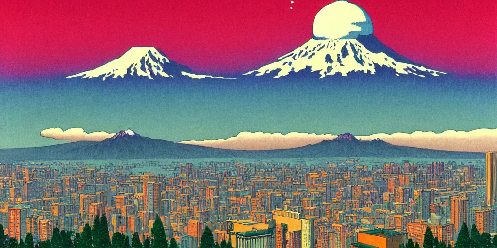 Image similar to skyline of a large metropolis, mount rainier looming in the background, acid and dreaming psychedelic hallucinations, by kawase hasui, moebius and edward hopper, hd, 8 k, artstation, sharp focus, smooth, masterpiece