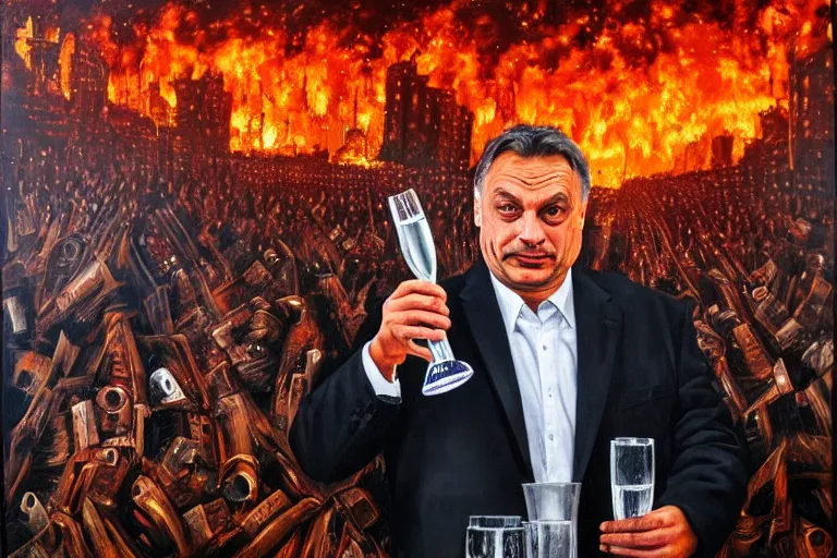 Image similar to viktor orban drinking champagne and cheering at the apocalyse in front a burning city, highly detailed eyes, oil on canvas