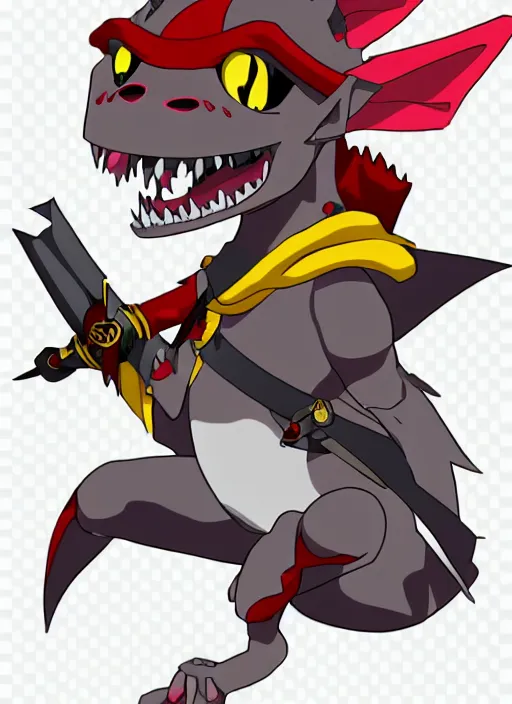 Image similar to anime grey and red kobold swashbuckler with yellow eyes and small wings, full body, anime style, anime