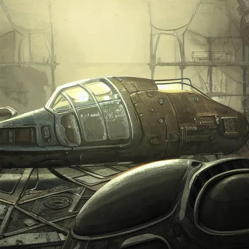 Image similar to fallout 4 spaceship concept art, astonishing detail, smooth lines, great composition, award winning