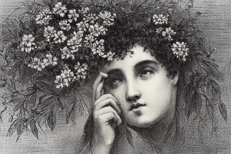 Image similar to black and white, close-up young french eyes covered by flowers, Gustave Dore lithography