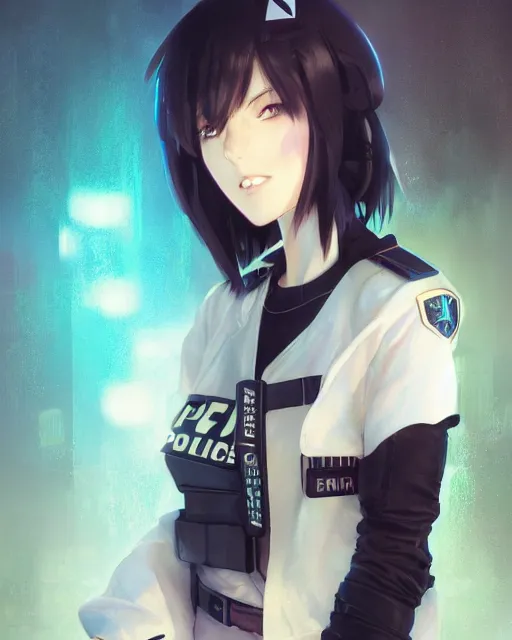 Image similar to anime key visual of a young female police officer, neon, cyberpunk, futuristic, white clothing, black vest, stunning, highly detailed, digital painting, artstation, smooth, soft focus, illustration, art by artgerm and greg rutkowski and alphonse mucha