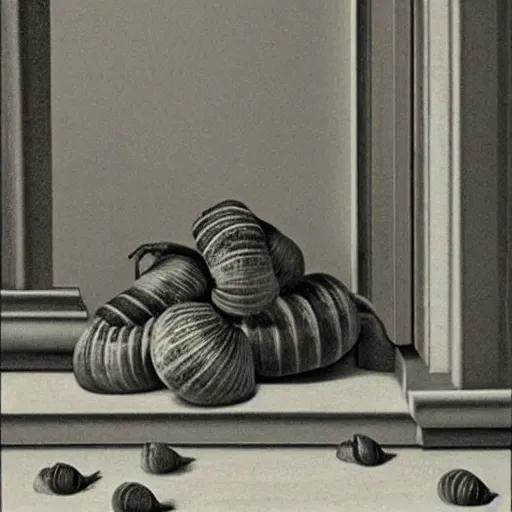 Image similar to snails on the stairs and door in style of vilhelm hammershoi, botanical illustration